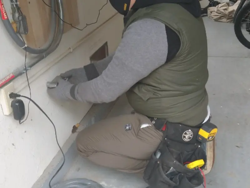Electrician performing outlet wiring in a Demopolis garage